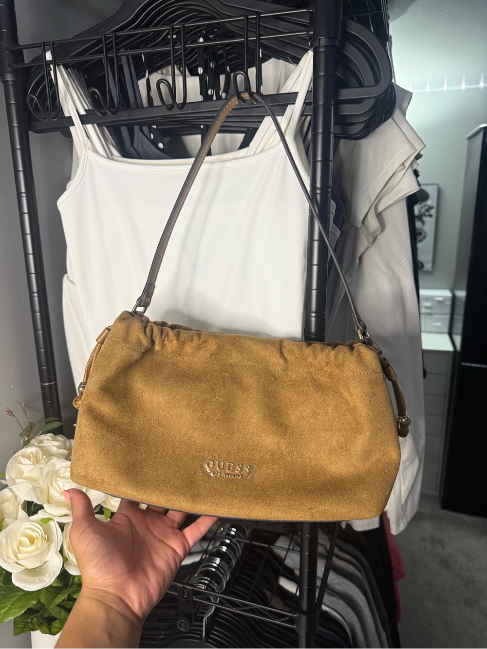 GUESS Tan Suede Shoulder Bag with Dark Brown Strap